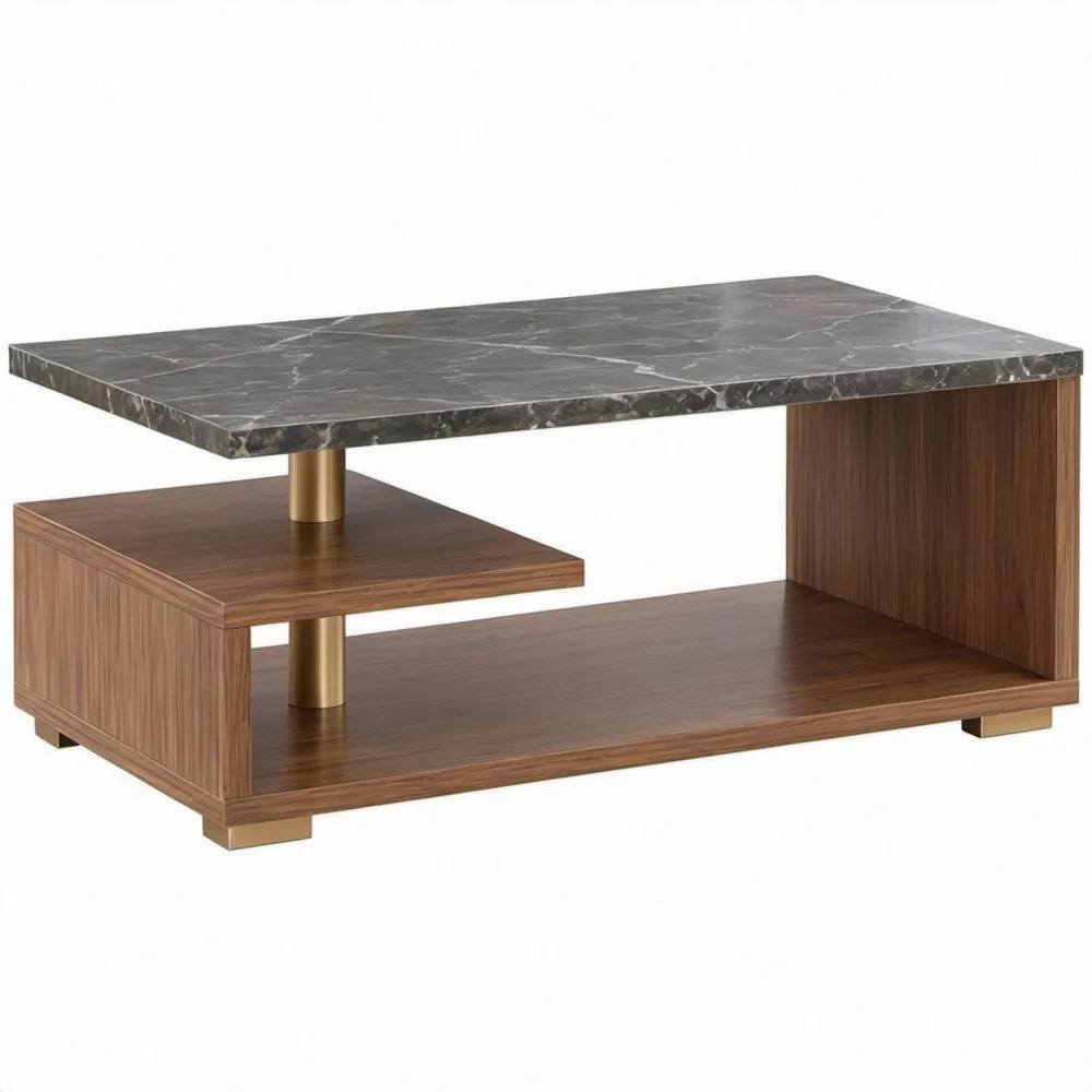 Rechthoekige salontafel 120 x 60 x 45 cm met keramisch blad, donkerbruin/grijs/goud