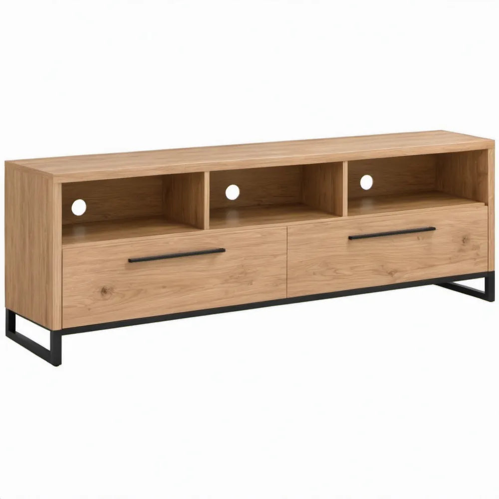 TV-meubel 140 x 40 x 50 cm met 2 laden en 3 open vakken in naturel eiken en zwart