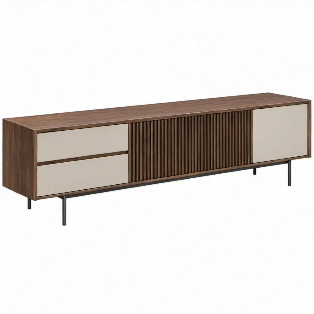 TV-meubel walnootbruin, beige en zwart met 2 laden en 3 deuren – 180 x 40 x 55 cm