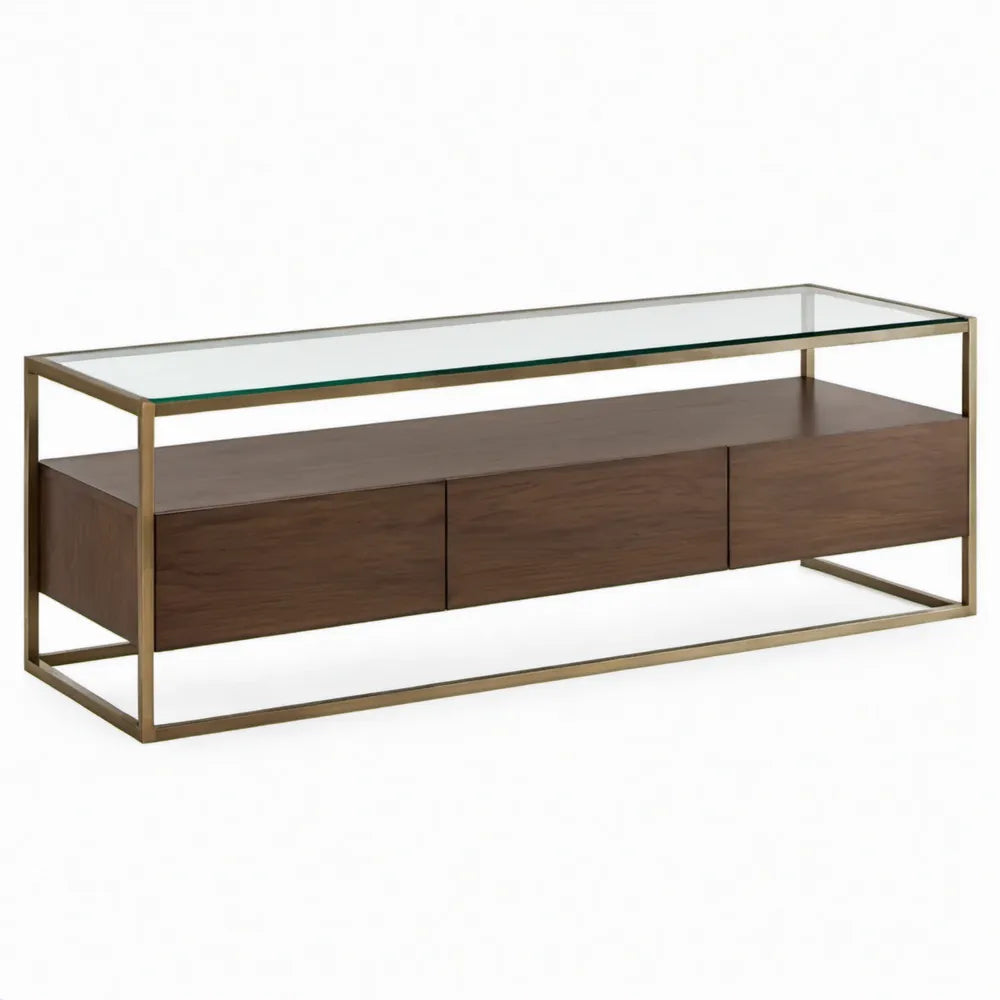 TV-meubel met 3 laden, 160 x 40 x 55 cm, walnootbruin, messingkleurig en transparant