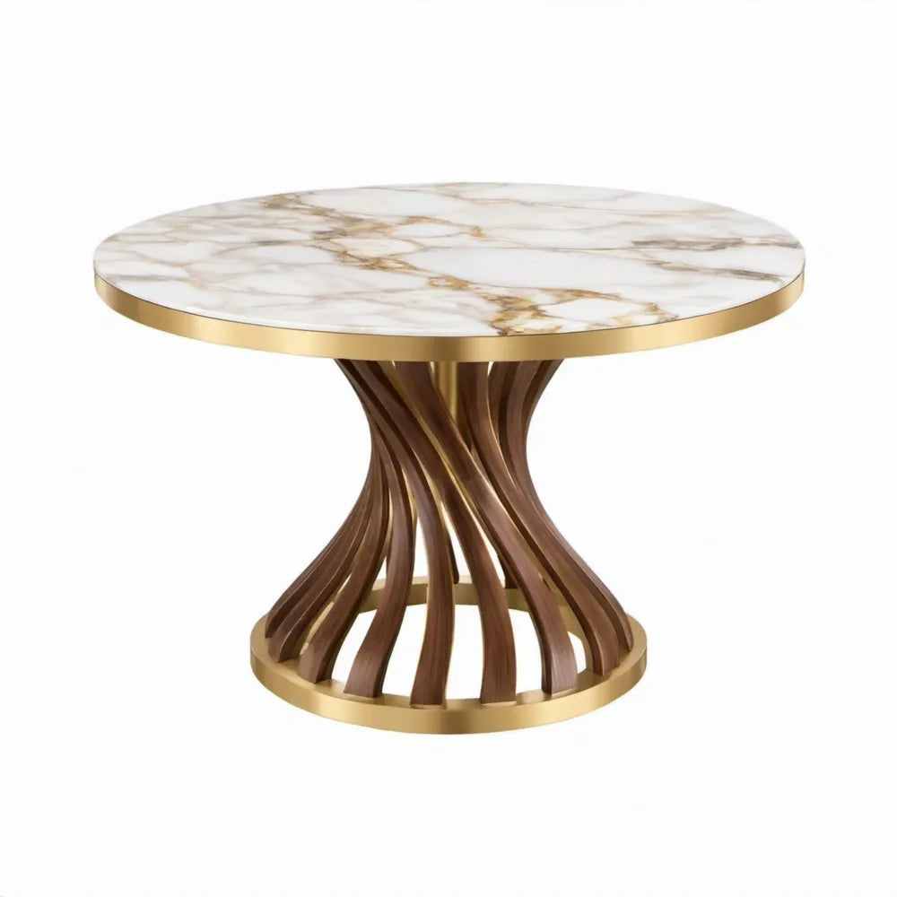 Ronde eettafel Ø 120 x 75 cm met wit marmerlook blad, walnootkleurig onderstel en goudkleurige afwerking