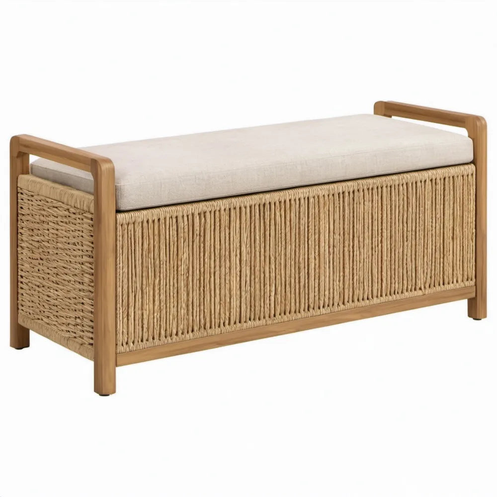Halbank 100 x 40 x 50 cm van massief acaciahout met papierkoord en beige zitkussen