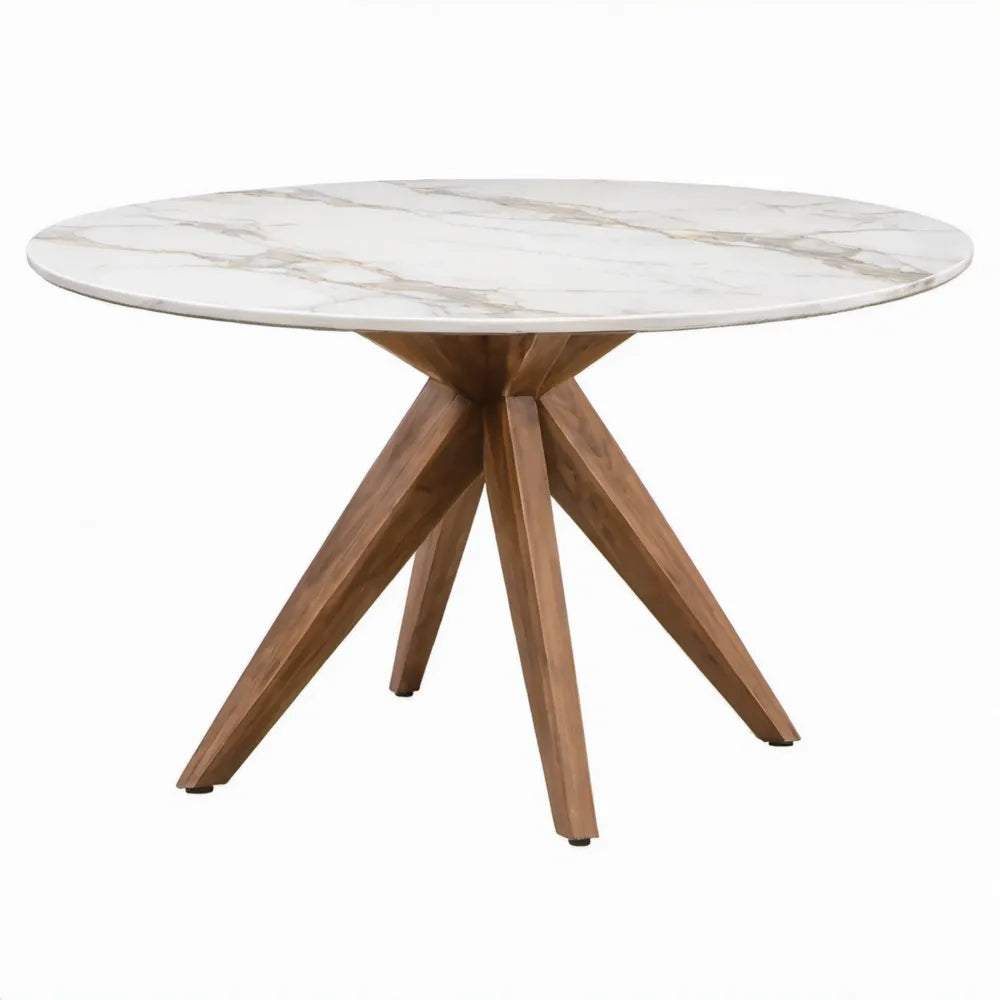 Ronde eettafel Ø 120 x 75 cm van wit keramiek met marmerpatroon en walnootbruin massief houten onderstel