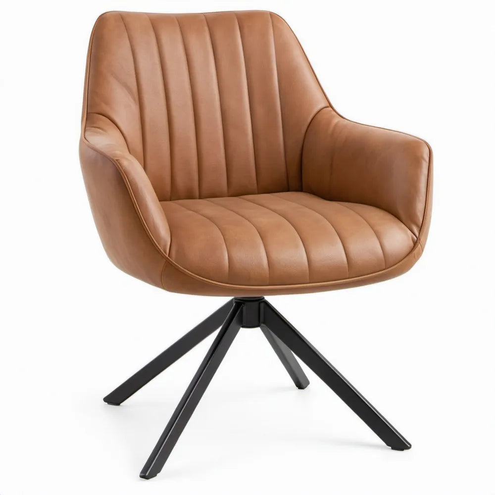 Draaibare fauteuil met armleuningen, cognacbruin kunstleer en zwart stalen onderstel, 75 x 76 x 84 cm