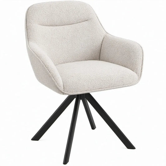 Eetkamerstoel met armleuningen, 85 x 61 x 63 cm, crèmekleurige bouclé bekleding en zwart stalen onderstel