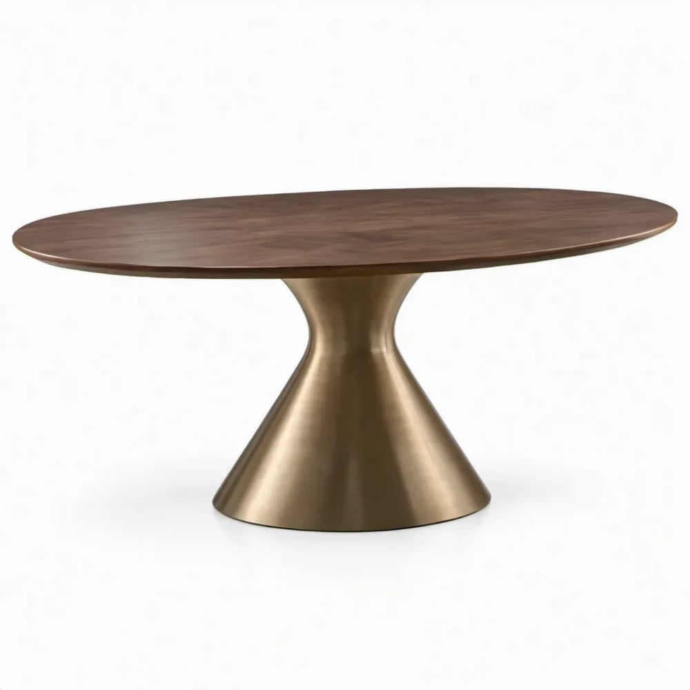 Ovale eettafel 160 x 90 x 75 cm met walnootbruin MDF-blad en goudkleurige stalen trompetvoet