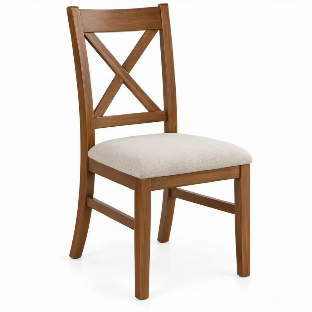 Eetkamerstoel met kruisrug van massief rubberhout, bruin/beige, 45 x 55 x 96 cm