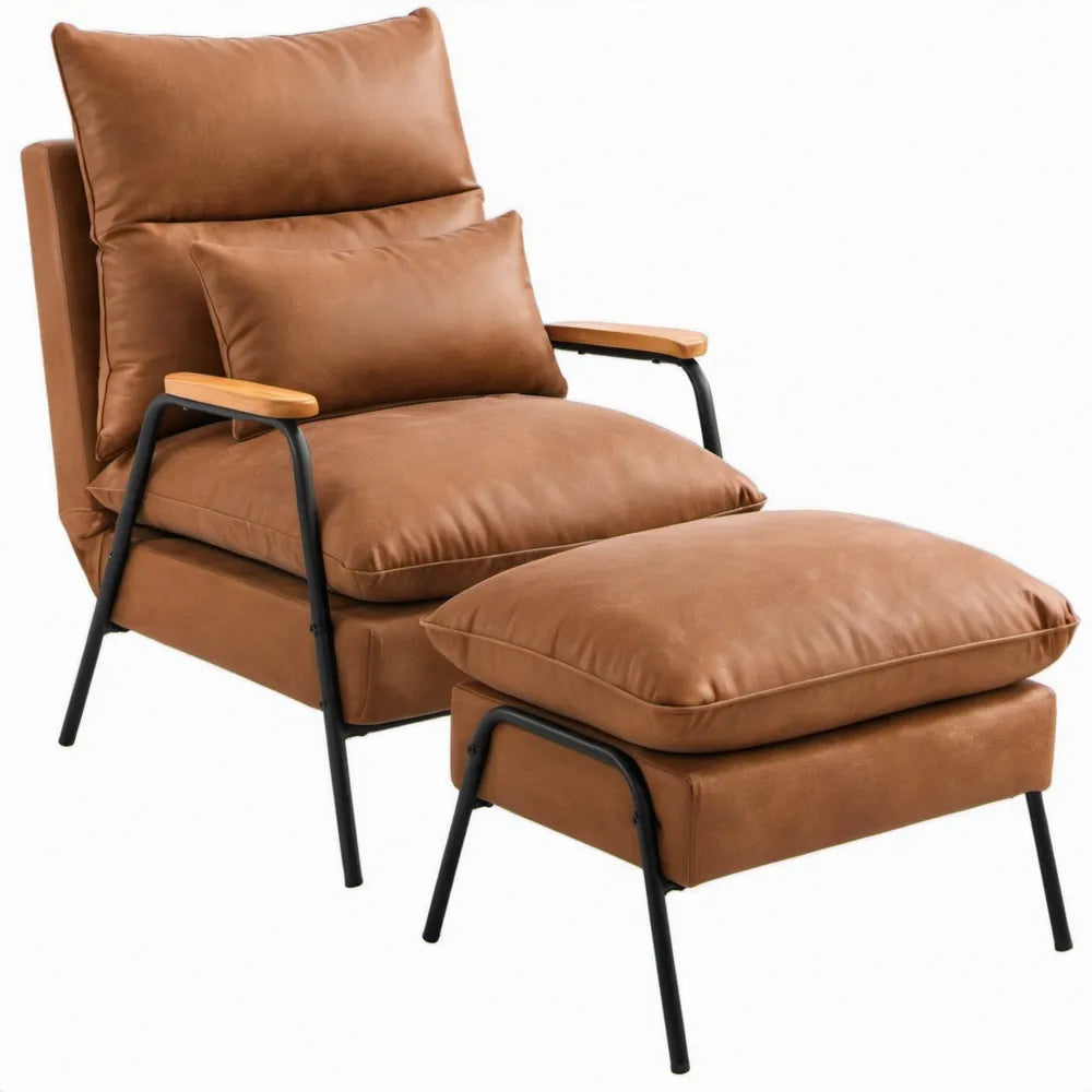 Bruine loungestoel met voetenbank van PU-kunstleer, 78 x 88 x 98 cm