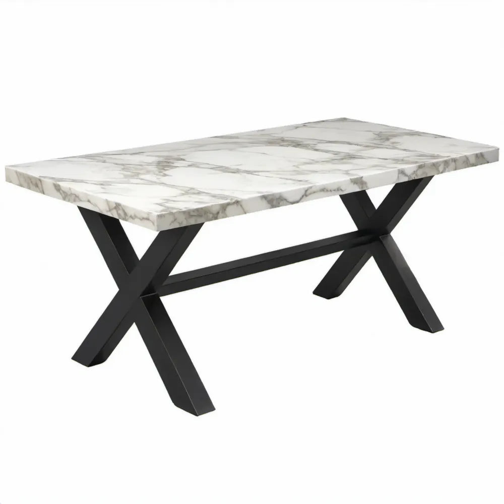 Rechthoekige eettafel 180 x 90 x 75 cm met wit marmerlook blad en zwart stalen X-onderstel