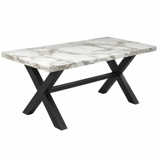 Rechthoekige eettafel 180 x 90 x 75 cm met wit marmerlook blad en zwart stalen X-onderstel