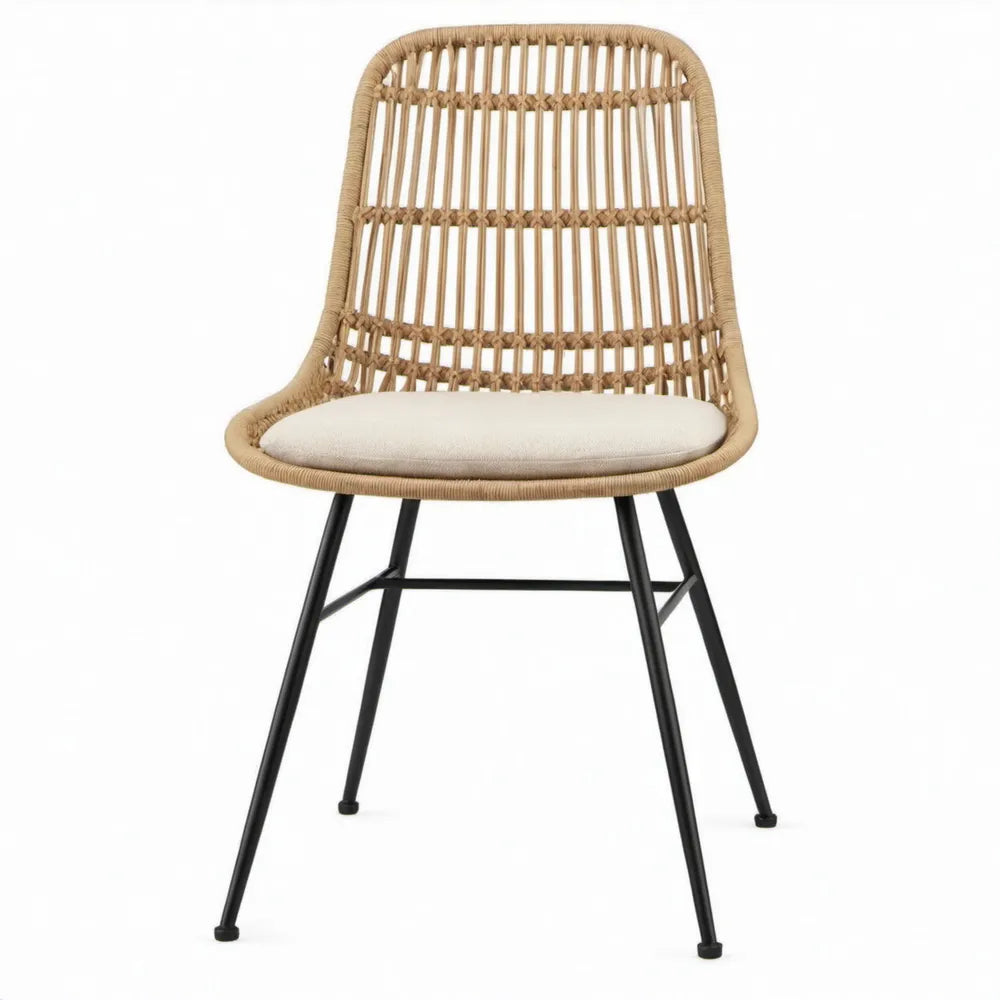 Eetkamerstoel van natuurlijk rotan met zwart stalen poten, naturel/crème/zwart, 55 x 59 x 85 cm