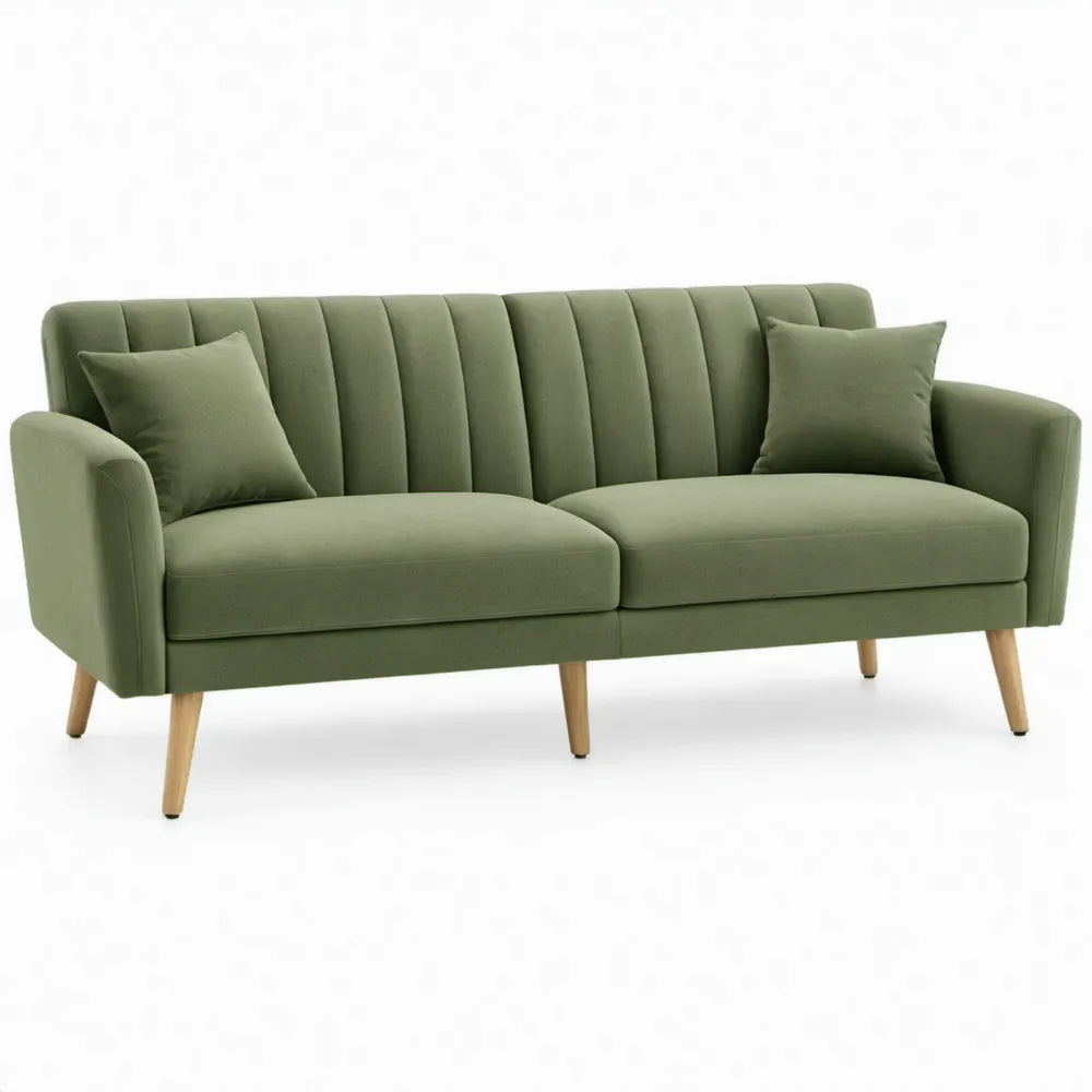 Olijfgroene 2-zitsbank van polyester fluweel met rubberhouten poten, 180 x 80 x 83 cm