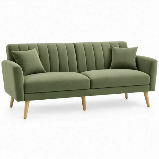 Olijfgroene 2-zitsbank van polyester fluweel met rubberhouten poten, 180 x 80 x 83 cm