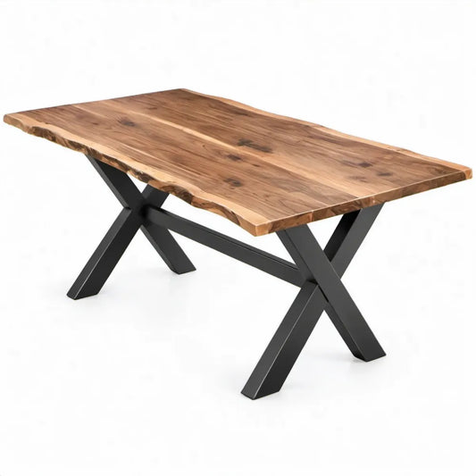 Rechthoekige eettafel 200 x 100 x 75 cm van massief acaciahout met zwart stalen X-onderstel