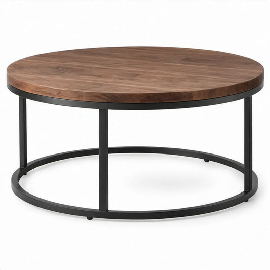 Ronde salontafel Ø 80 x 45 cm – Walnootbruin MDF met zwart stalen onderstel