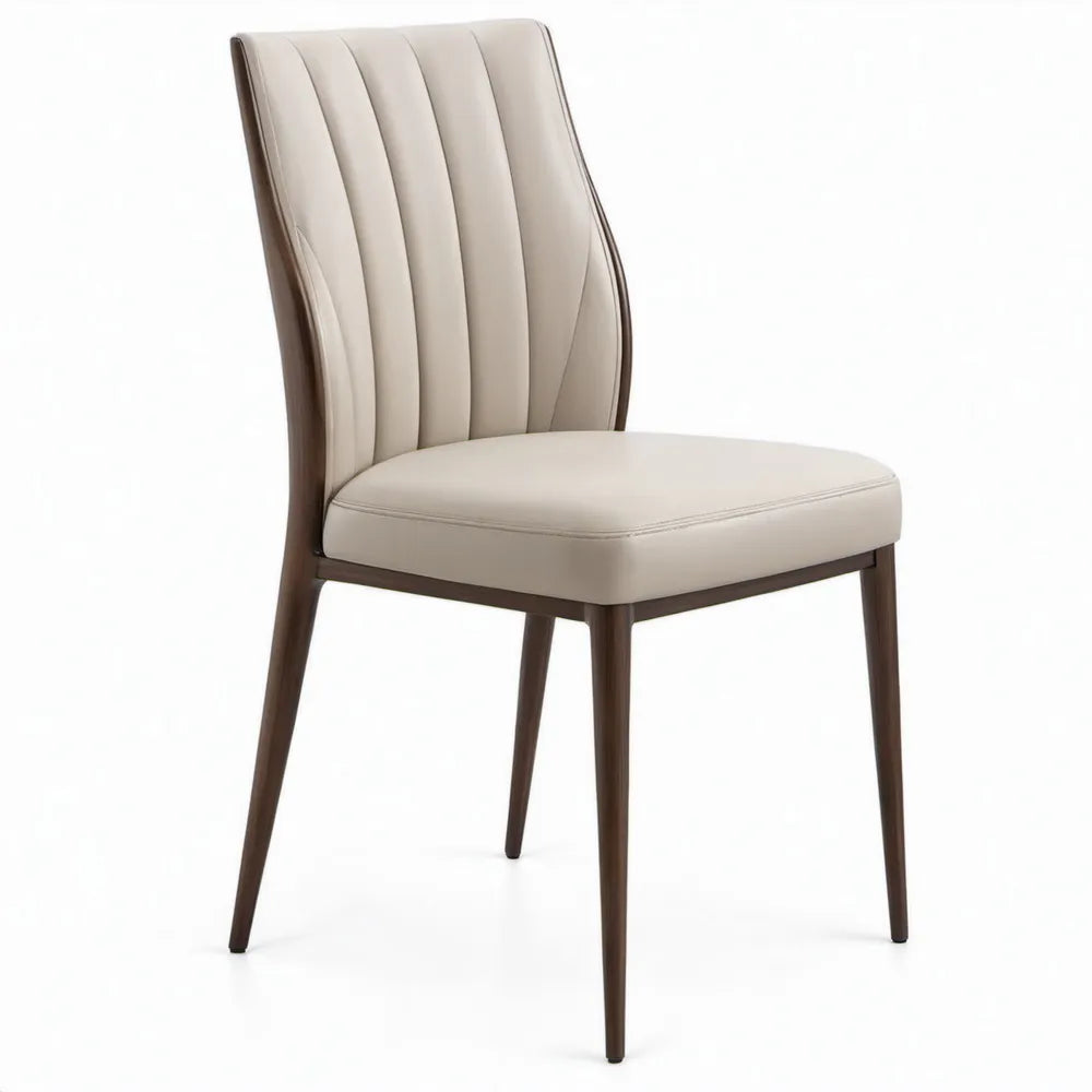 Eetkamerstoel met hoge rugleuning, beige PU-kunstleer en donkerbruin rubberhout, 46 x 60 x 97 cm
