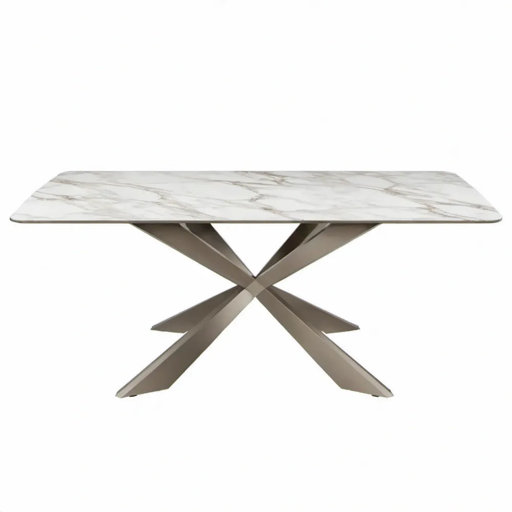Eettafel 180 x 90 x 76 cm met wit-grijs marmerlook sinterstenen blad en champagnekleurige RVS kruispoot