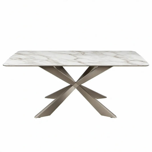 Eettafel 180 x 90 x 76 cm met wit-grijs marmerlook sinterstenen blad en champagnekleurige RVS kruispoot