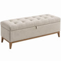 Beige opbergbank met bruine rubberhouten poten, 120 x 45 x 48 cm
