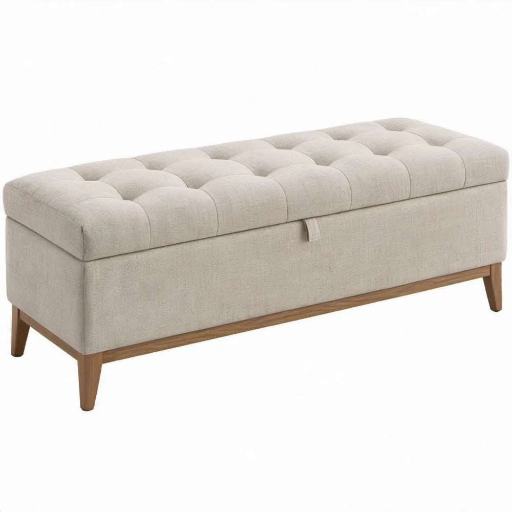 Beige opbergbank met bruine rubberhouten poten, 120 x 45 x 48 cm