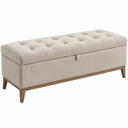 Beige opbergbank met bruine rubberhouten poten, 120 x 45 x 48 cm