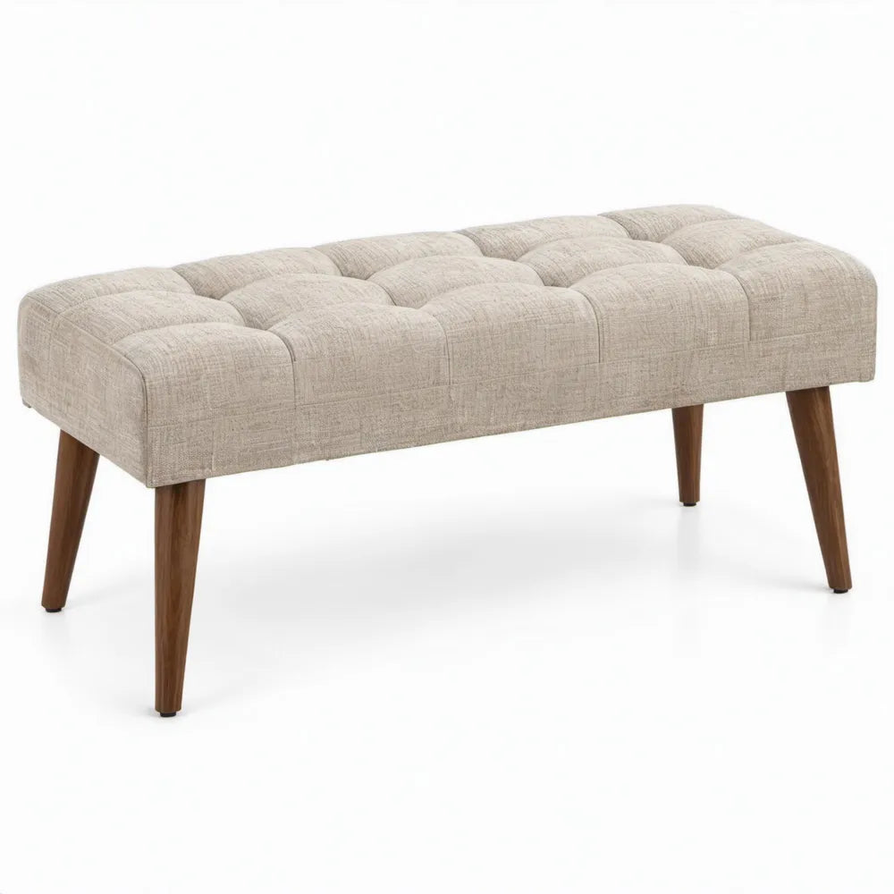 Gecapitonneerde halbank 120 x 40 x 46 cm beige polyester met massief rubberhouten poten