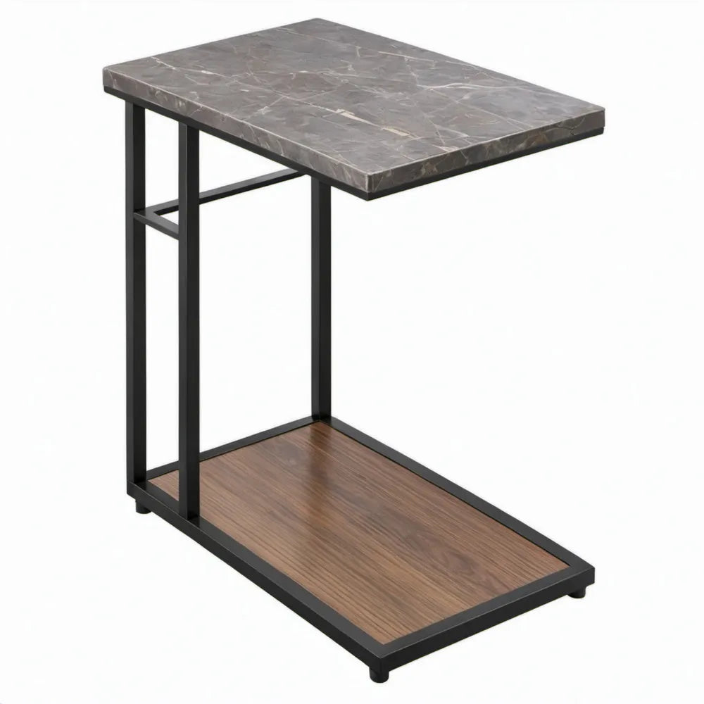 C-vormige bijzettafel 50 x 30 x 60 cm – Grijze marmerlook, bruine houtlook en zwart