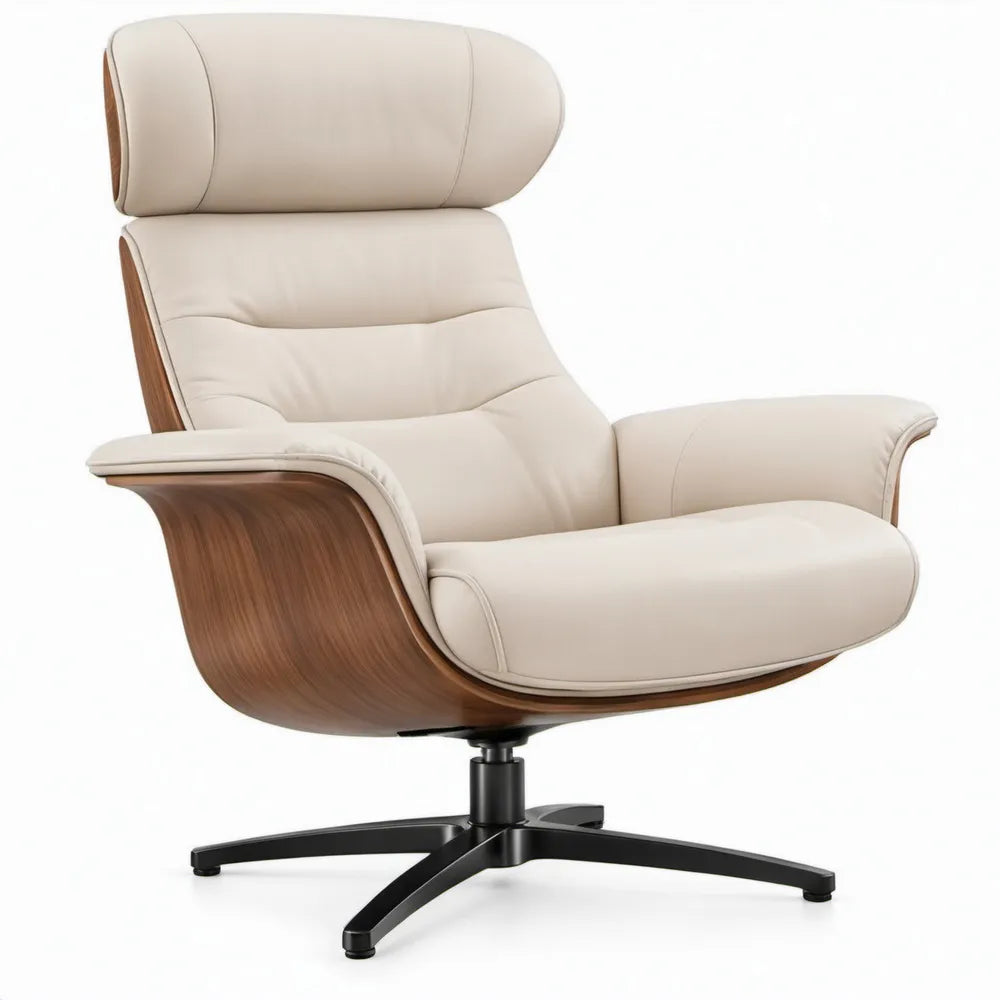 Draaibare fauteuil met hoge rugleuning, crèmekleurig PU-kunstleer en walnootfineer, 82 x 88 x 108 cm