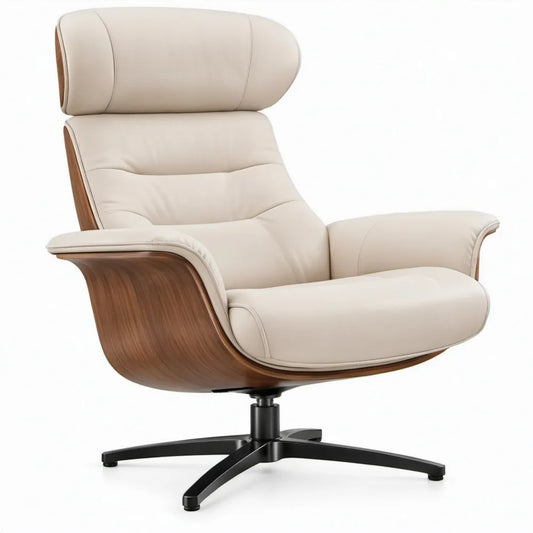 Draaibare fauteuil met hoge rugleuning, crèmekleurig PU-kunstleer en walnootfineer, 82 x 88 x 108 cm