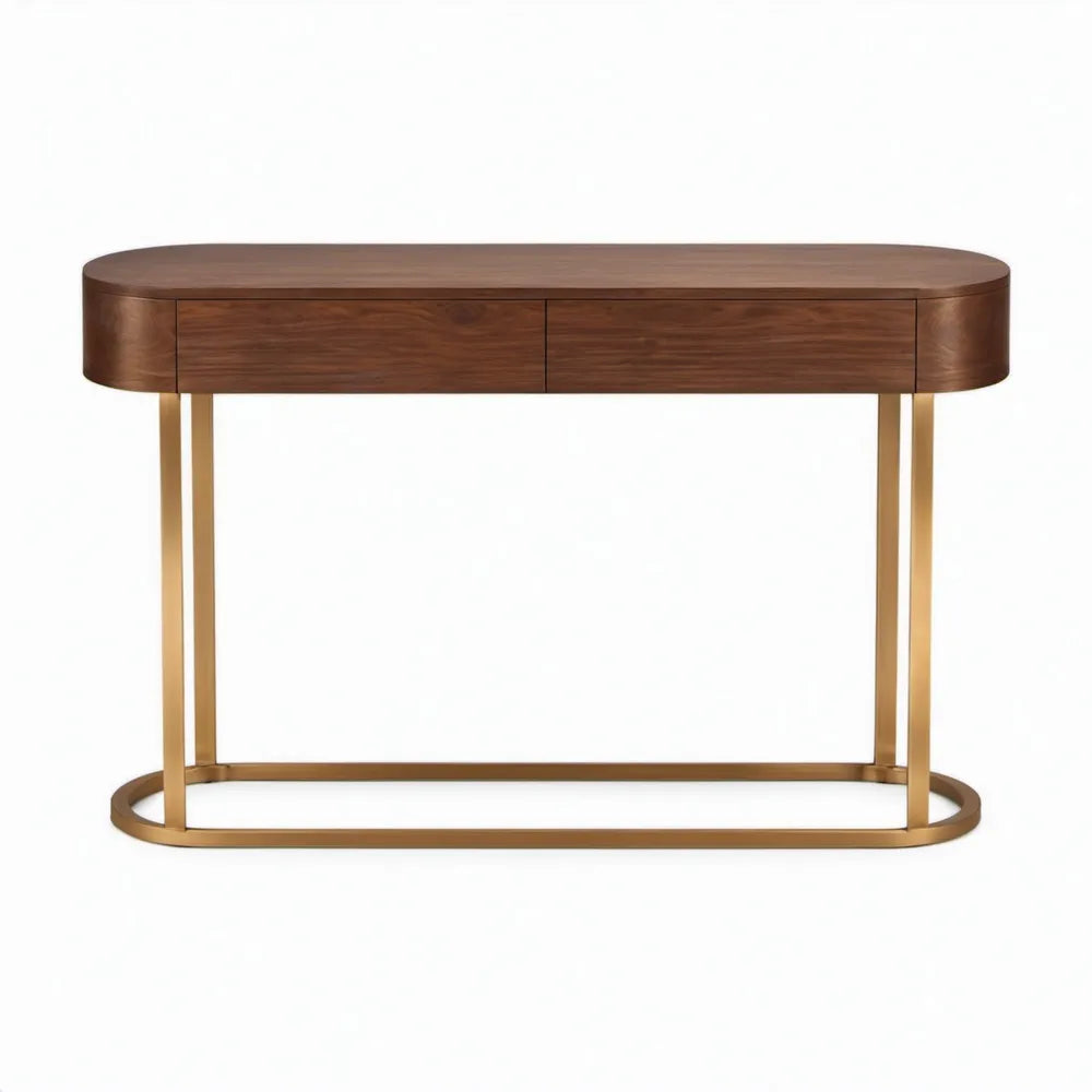 Ovale consoletafel met 2 laden, walnootbruin en goudkleurig, 120 x 40 x 75 cm