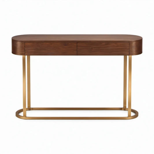 Ovale consoletafel met 2 laden, walnootbruin en goudkleurig, 120 x 40 x 75 cm