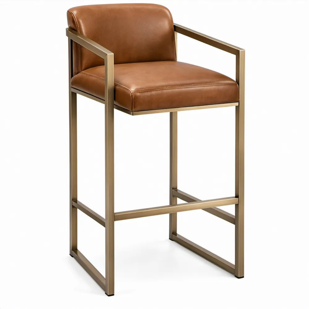 Barkruk met armleuningen van cognacbruin PU-kunstleer en goudkleurig stalen frame, 54 x 58 x 102 cm