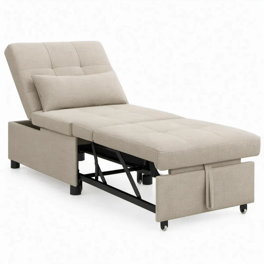 Beige uitklapbare slaapstoel met polyester bekleding en stalen frame, 90 x 200 cm