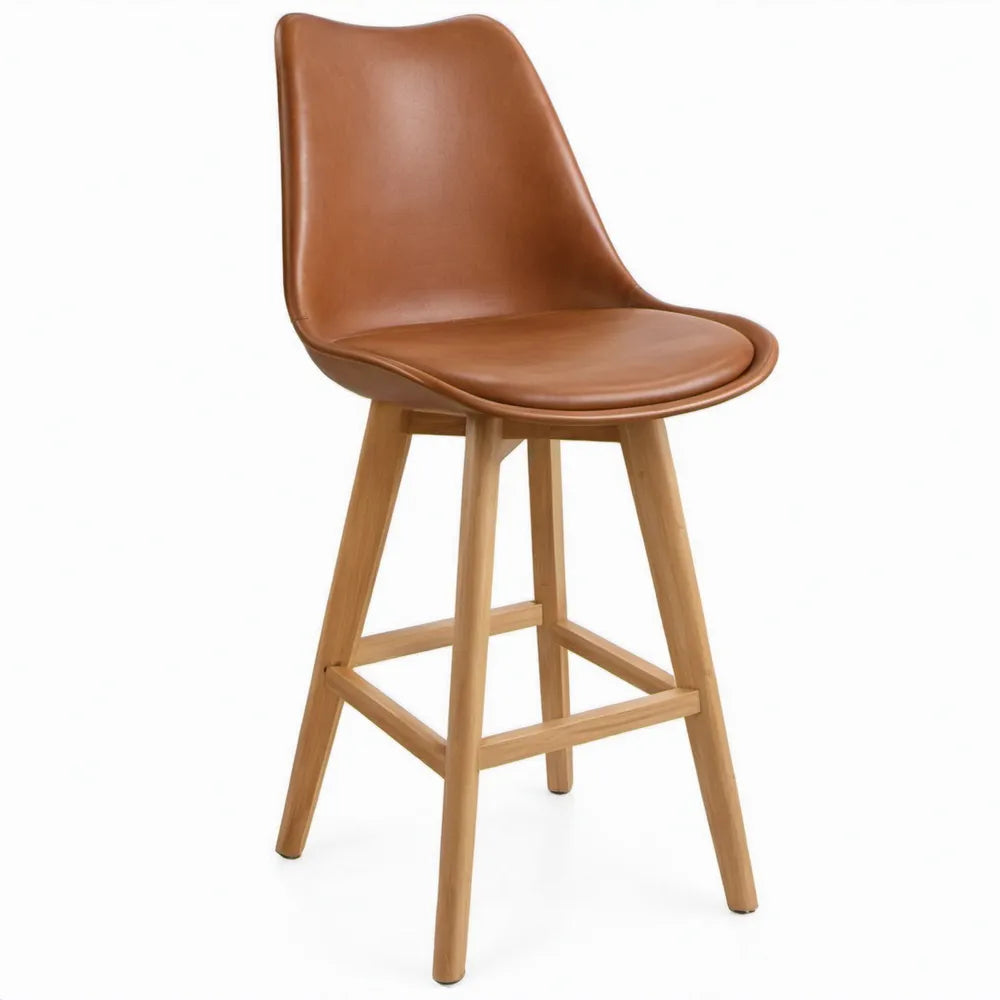 Barkruk met rugleuning 45 x 50 x 99 cm in bruin PU-kunstleer en naturel rubberhout