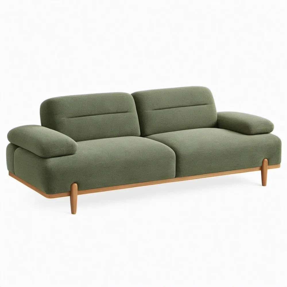 Olijfgroene 3-zitsbank met bouclébekleding en houten poten, 230 x 95 x 78 cm